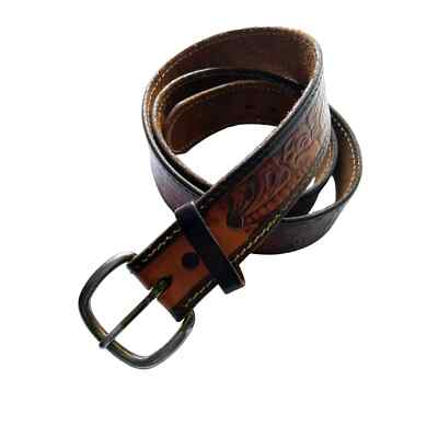 Vintage Brown Leather Belt Floral Embossed Belt B80 | eBay