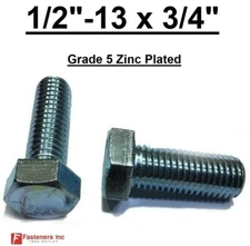 1/2-13 x 3/4" (FT) Hex Bolt Zinc Plated Grade 5 Cap Screw Coarse Thread