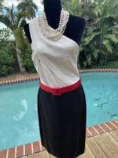 St John Cocktail Party Dress w/White Paillette On Top Blk Bottom Red Belt 6