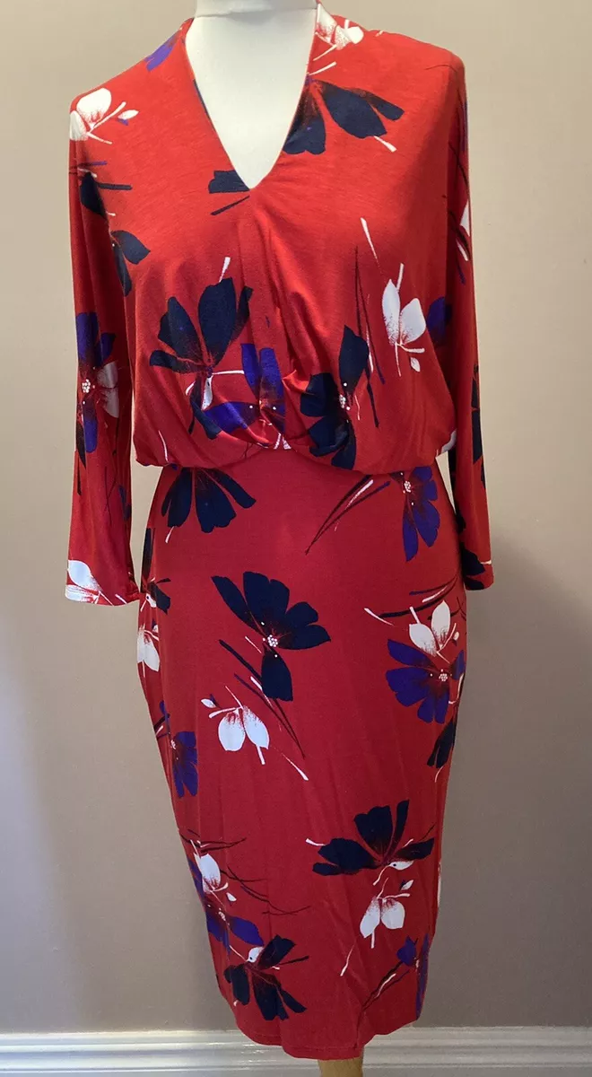 Phase Eight Dress Size 12 18 Harper Red Floral Long Sleeves BNWT