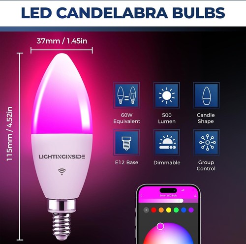 Smart Candelabra LED Bulbs - 60W Equivalent, 500LM, WiFi & Voice Control, 6PCS - Picture 4 of 8