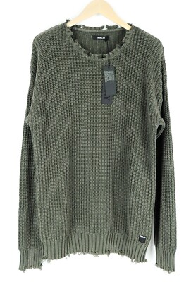 REPLAY Men Jumper XL Green Pure Cotton Long Sleeved Ripped Knitted