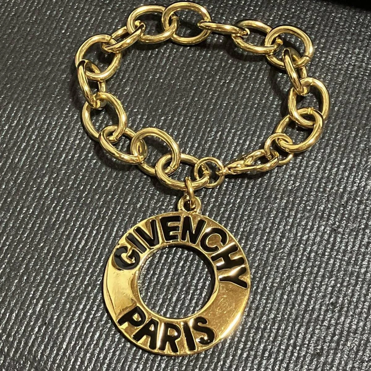 Borsa Bracciale Givenchy Bracciale Ciondolo Catena AUTENTICA Vintage GG Piatta Oro Logo Nero