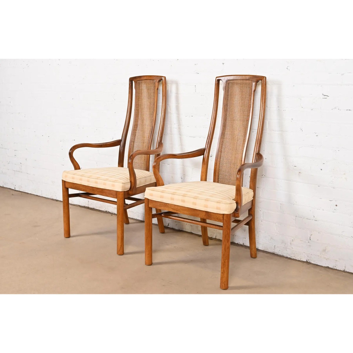 Drexel Heritage Mid-Century Modern Walnut and Cane High Back Dining  Armchairs