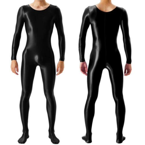 Men's Wetlook Shiny Bodystocking Jumpsuit Full Body Long Sleeve Bodysuit Costume - Picture 1 of 24