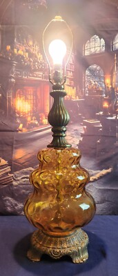 Mid Century Amber Glass Table Lamp | eBay