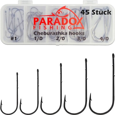 Paradox Fishing Cheburashka Haken Set 45 Stück I #1 1/0 2/0 3/0 4/0 mit Öhr