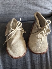 Suede Baby Moccasins Booties-Tan-Fringe-Baby Size 5.5  Long 2.5  Wide