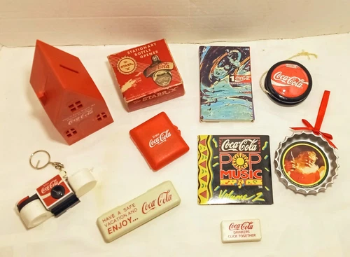 Vintage Coca Cola Lot Mini Camera, Sewing Kit, Toothbrush Kit Plus More
