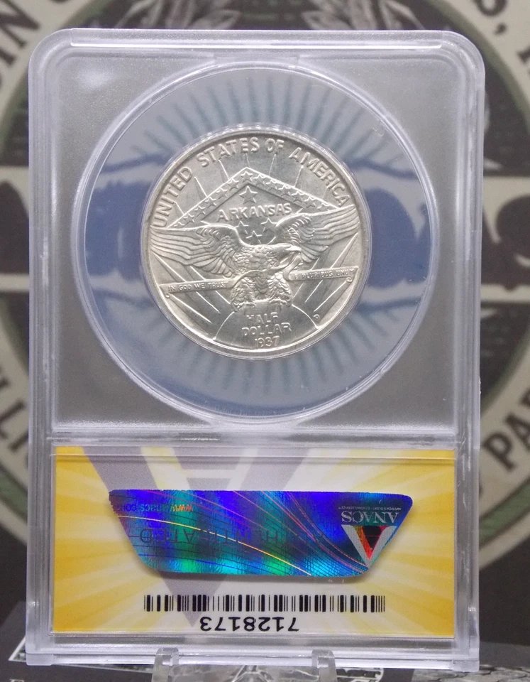 1937 "D" Commemorative *ARKANSAS* Half Dollar 50c ANACS MS64 #173 Unc BU ECC&C - Image 4 of 4