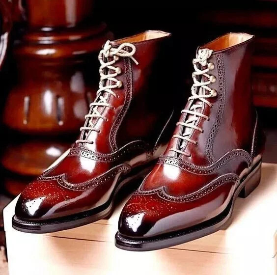 Para hombres Cuero Borgoña Derby Punta de Ala Brogue Hecho a Mano Uso Formal Bota Informal Hombres