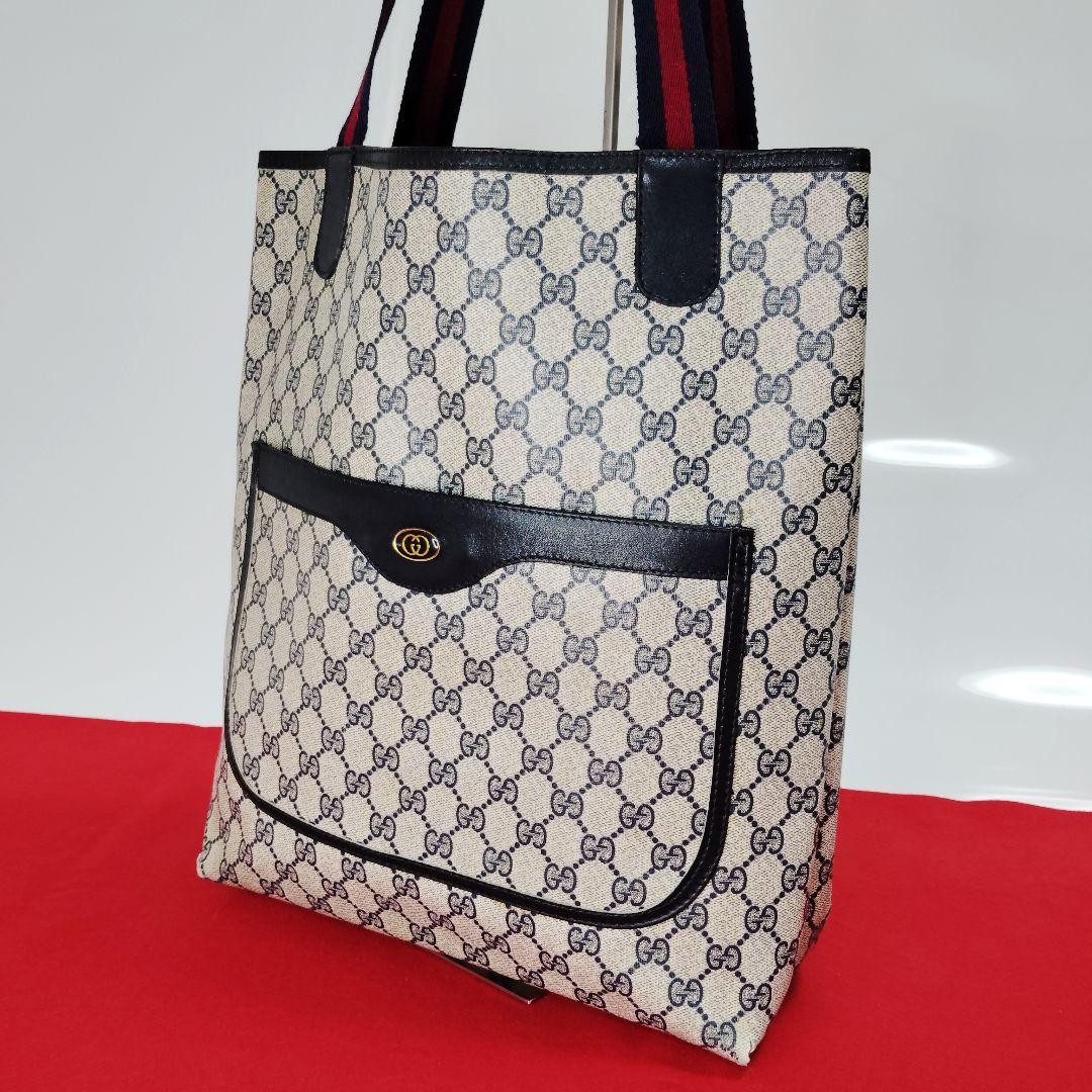 Gucci Sherry Line GG Navy PVC Leather Tote with Gold Hardware Authentic