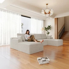 Plush White Corduroy Modular Sofa: 4-PC Sectional, No Assembly