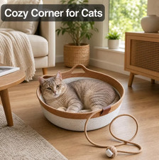 Cat Bed Large Pet Basket with Cushion Handwoven Cat Basket Bed w/ Play Ball Toy