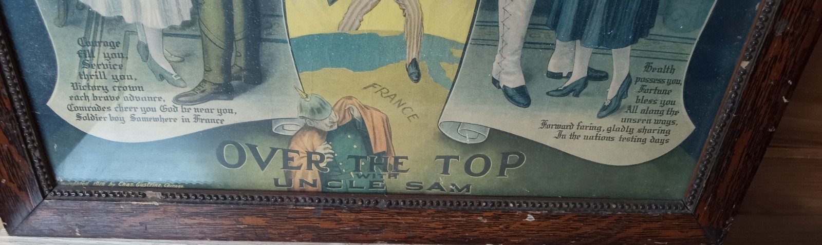 Vintage WWI Over The Top Woodrow Wilson Framed Poster Print Uncle Sam 1918