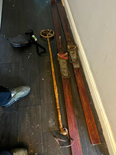 Vintage Brown Wooden Carving Skis 100 x 170cm w/ Bindings & Bamboo Pole
