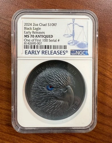 2024 - 2 oz Chad Black Eagle Early Releases 1 of First 100 - NGC MS 70 Antiqued