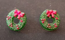 Green With Red Ribbon and Berries Christmas Wreath Pierced / Post Earrings