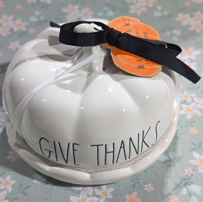 Rae Dunn by Magenta Dunn Collection GIVE THANKS White Ceramic Pumpkin Figurine