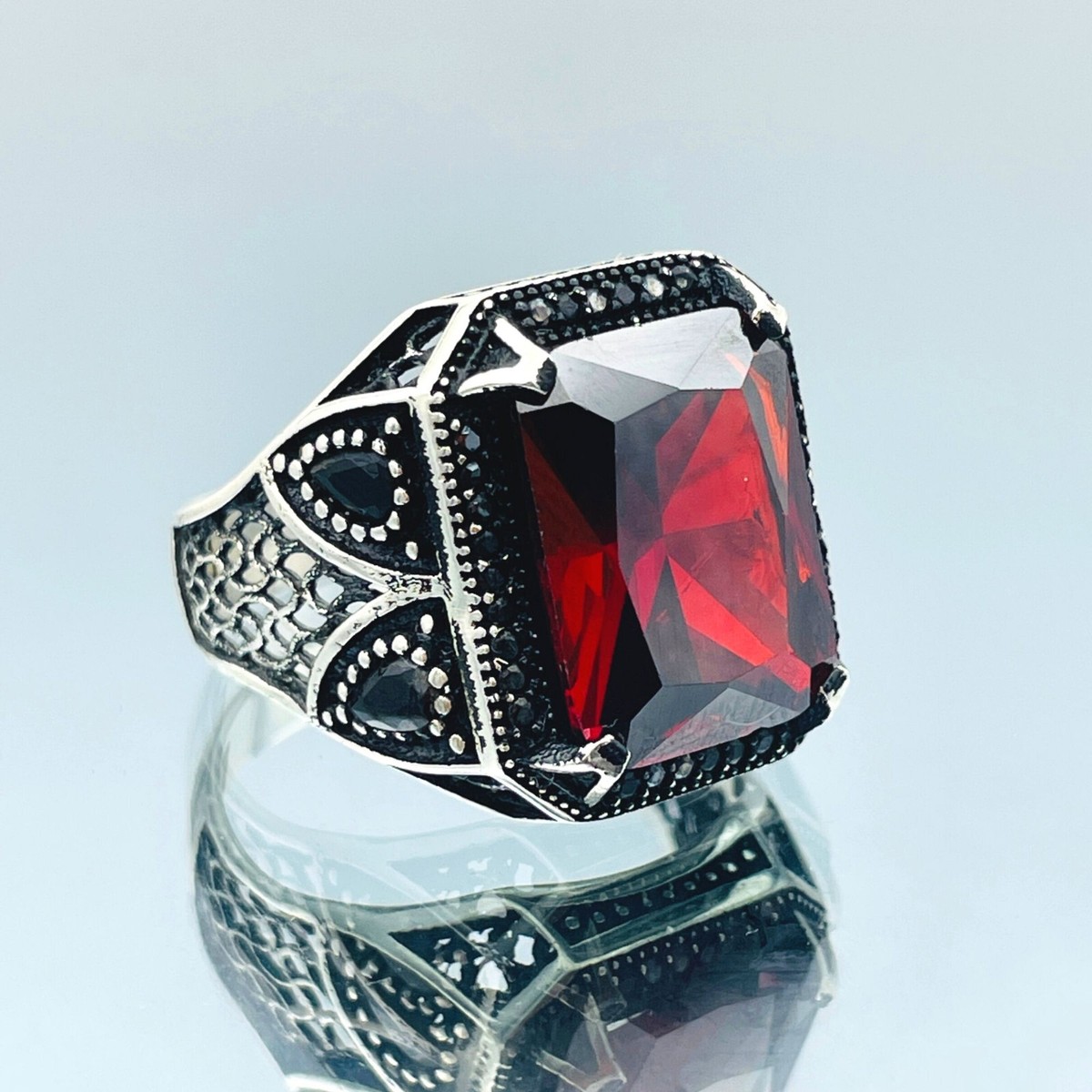 Men Simulated Ruby Stone Ring 925 Sterling Silver Red Stone Ring