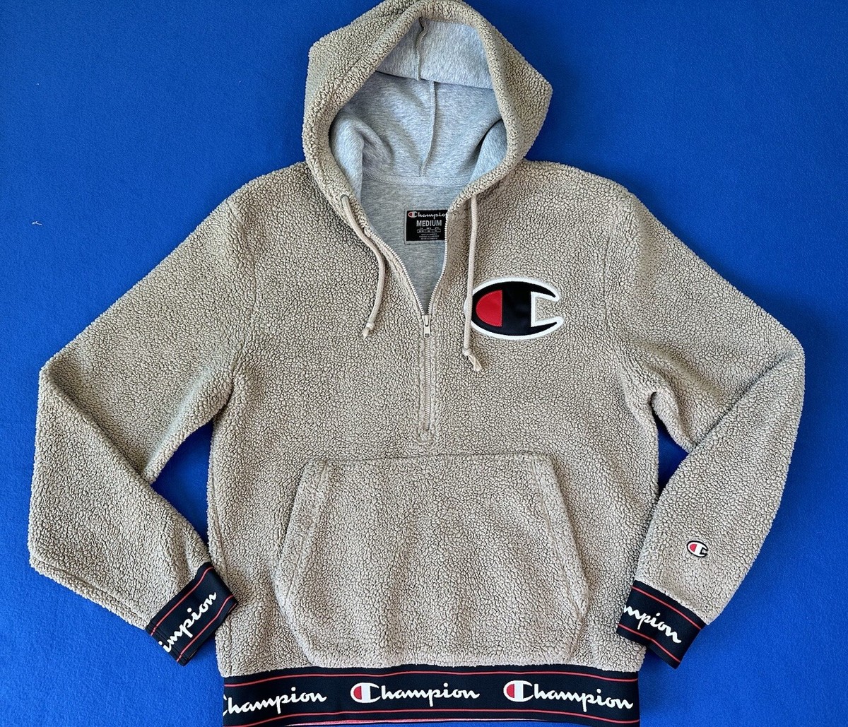 Champion Sherpa Hoodie Men’s Medium Khaki Half Zip Pullover Fleece Heavy  Street