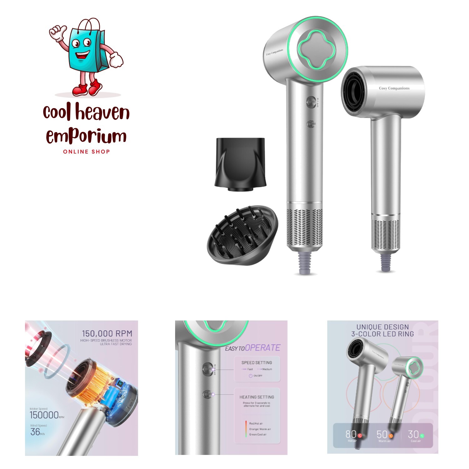 Hair Dryer - 150000 RPM High-Speed Brushless Motor Negative Ionic Blow Dryer ...