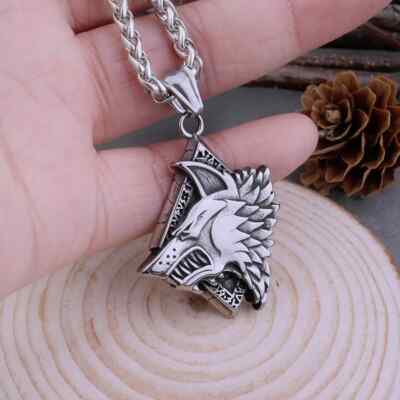 Men's Stainless Steel Chain Viking Pendant Silver Tone Large Wolf Head 