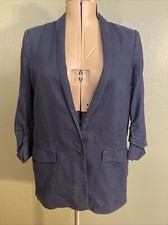 Mango 100 Linen Navy Career Office Workwear Essential Blazer Suit Jacket Sz L