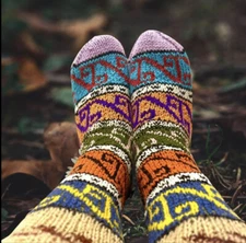 Hand Knitted Socks Wool + Cotton Blend Hand Made Warm Soft Winter Long Socks