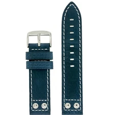 Watch Band Leather Blue Pilot Style White Stitching 20mm 22mm 24mm