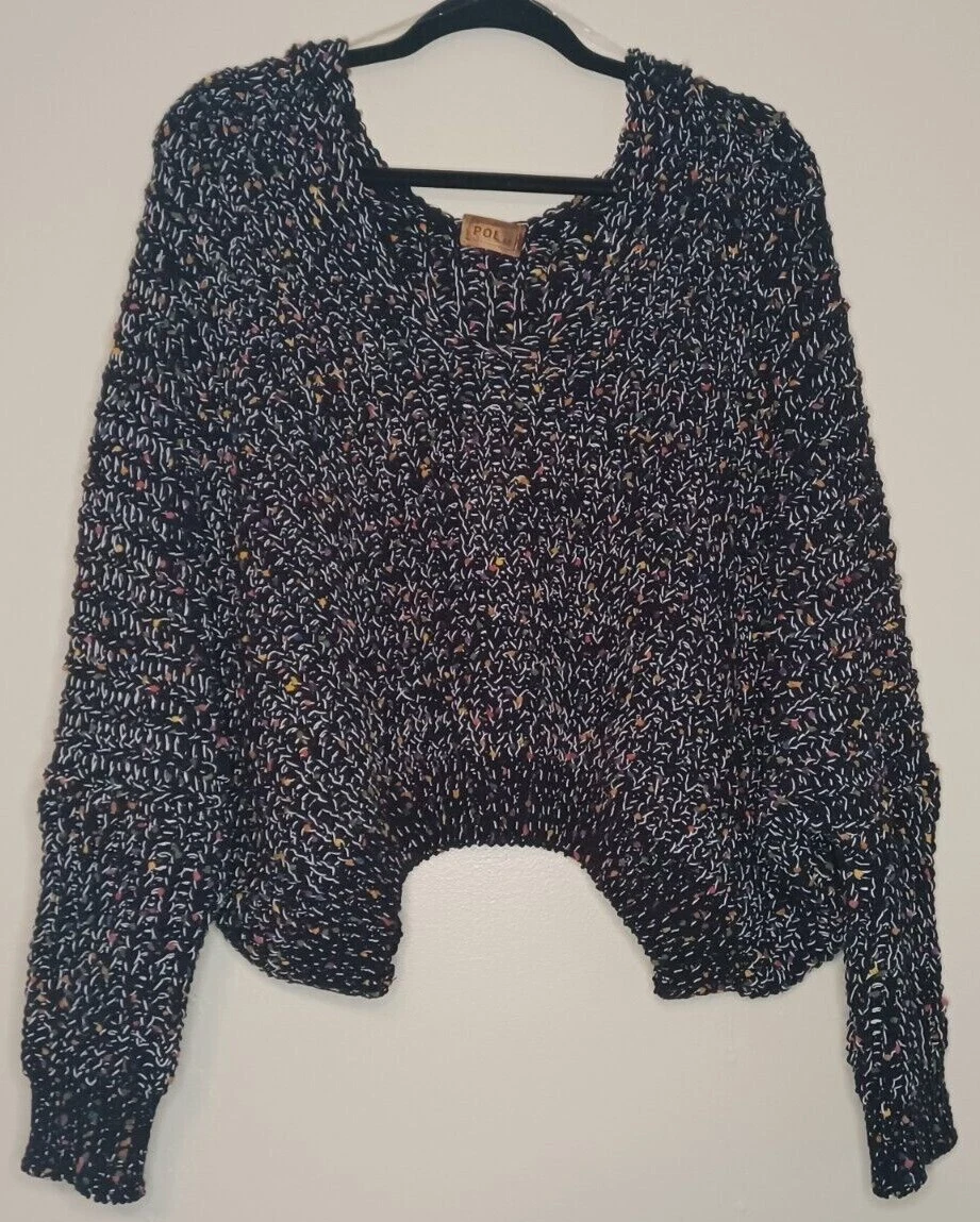 POL Brand Chunky Knit Cropped Long Sleeve Sweater - Size Medium - Black Confetti
