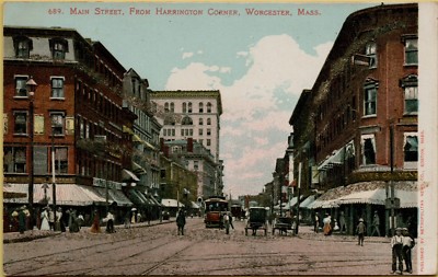 Main Street View From Harrington Corner Worcester MA Glitter Postcard B3