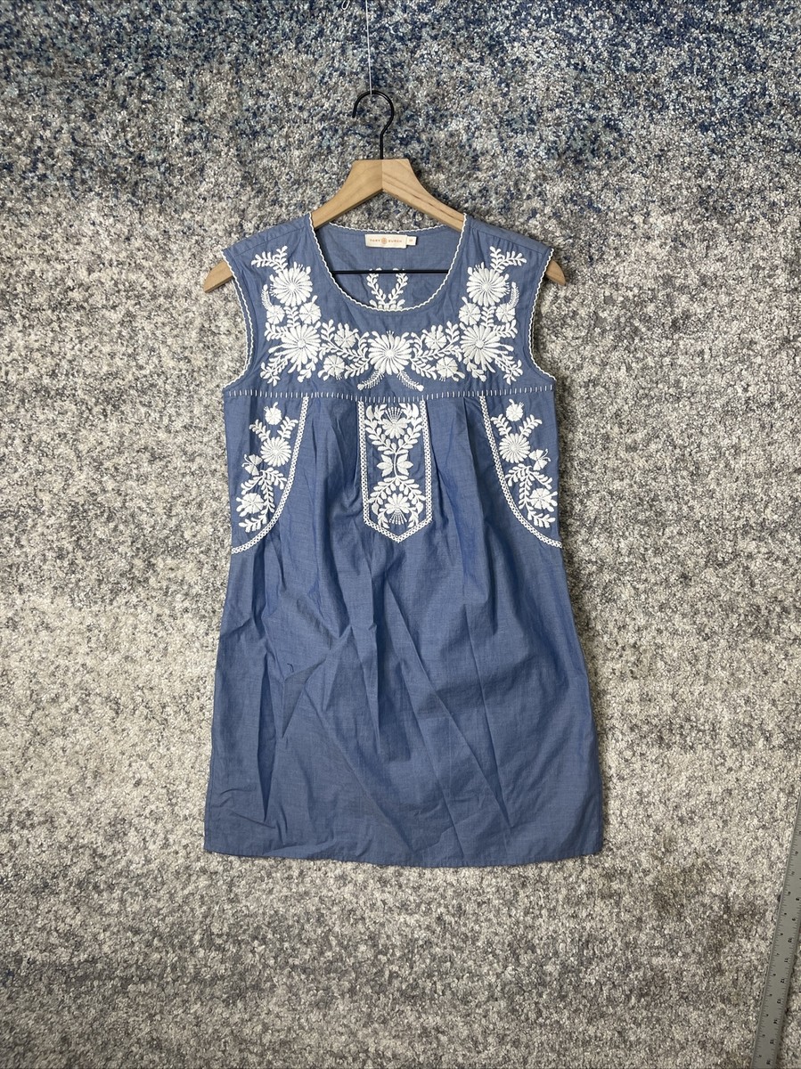 【着るだけ可愛い♪】Tory Burch SHORT TUNIC DRESS Tory Burch Sz XS Embroidered Chambray Tunic Calita Mini