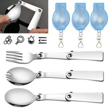 Foldable Fork Spoon Spork Set +Box Stainless Steel Portable Folding Camping Flat