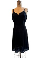 Vtg Vanity Fair Black Full Slip Dress Nylon 36 Lace Bodice Midi Gown