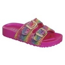 Girls Rainbow Rhinestone Double Strap Slide Sandals Pink Base New
