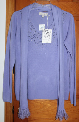 NWT Women's Caroline Taylor Sweater Rhinestone Detail & Detachable Scarf Lilac M