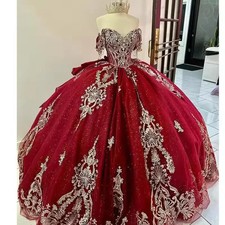 Glitter Burgundy Quinceanera Dress Bow Gold Bead Lace Crystal Ball Gown Sweet 16