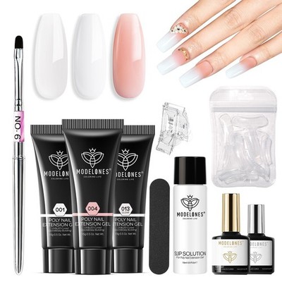 Poly Gel Nail Kit 3 Colors Clear White Apricot with Slip Solution Dual Nail F...