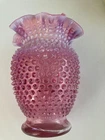 Fenton  Cranberry Opalescent  Hobnail Vase Crimped/Ruffled Rim 6" pink unmarked