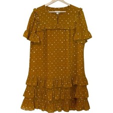 J. Crew Point Sur Womens Ruffle Polkadot Chiffon Mustard Yellow Dress Size 8