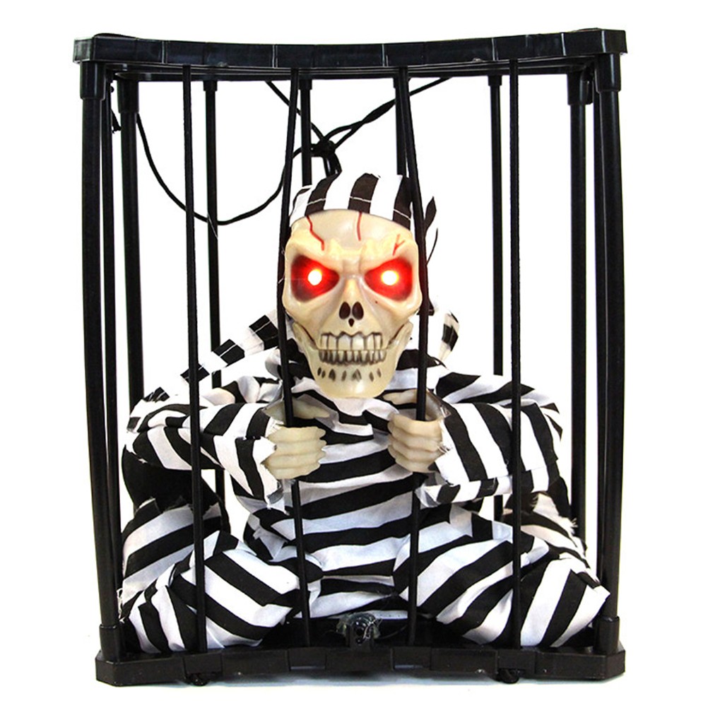 Halloween Scary Screaming Animated Skeleton Cage Prisoner With Light Up Eyes Hau