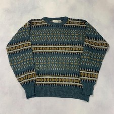 Vintage Abstract Knitted Jumper Patterned Grandad Knit Sweater Men's L