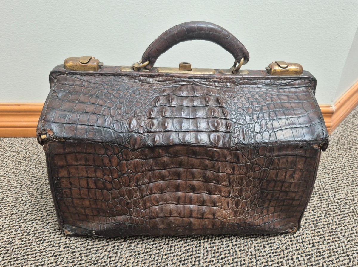 Antique 1891 Alligator Doctor Bag Patented Brass Frame Victorian