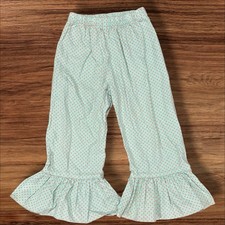 Girls Aqua Polka Dot Ruffle Hem Pants Size 4 Cotton Boutique Style