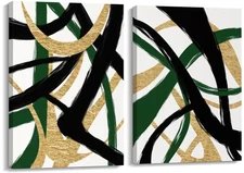 Black Gold and Green Wall Art, Abstract Stripes Canvas Poster Print, Modern S...
