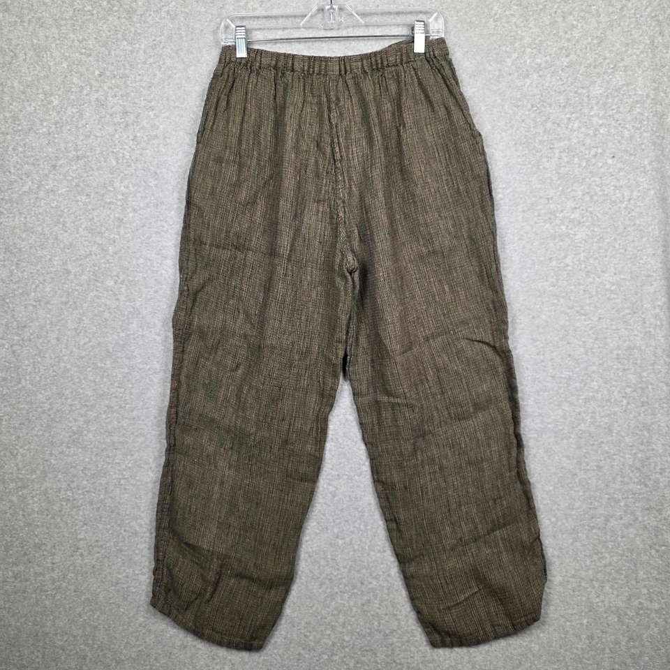 Винтажные льняные женские брюки Jeanne Engelhart среднего размера коричневые льняные широкие повседневные - Изображение 2 из 4