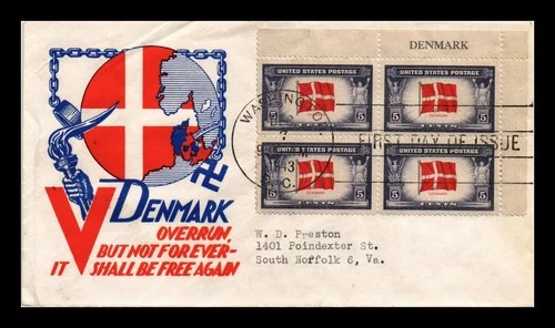 DR JIM STAMPS US COVER DENMARK OVERRUN COUNTRIES FDC SLOGAN BLOCK CACHET CRAFT