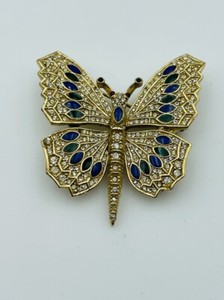 Authentic Ciner Vintage Yellow Gold Plated Enamel & Rhinestone Butterfly Pin