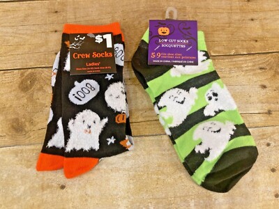 HALLOWEEN GHOST SOCKS SOFT WOMEN'S SHOE SIZE 4-9 (LOT OF 2 PAIRS)  NWT 